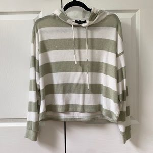 green and white stripped, hooded sweater